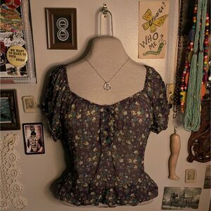 Y2K Floral Mesh Puff Sleeve Blouse Women's Medium Purple